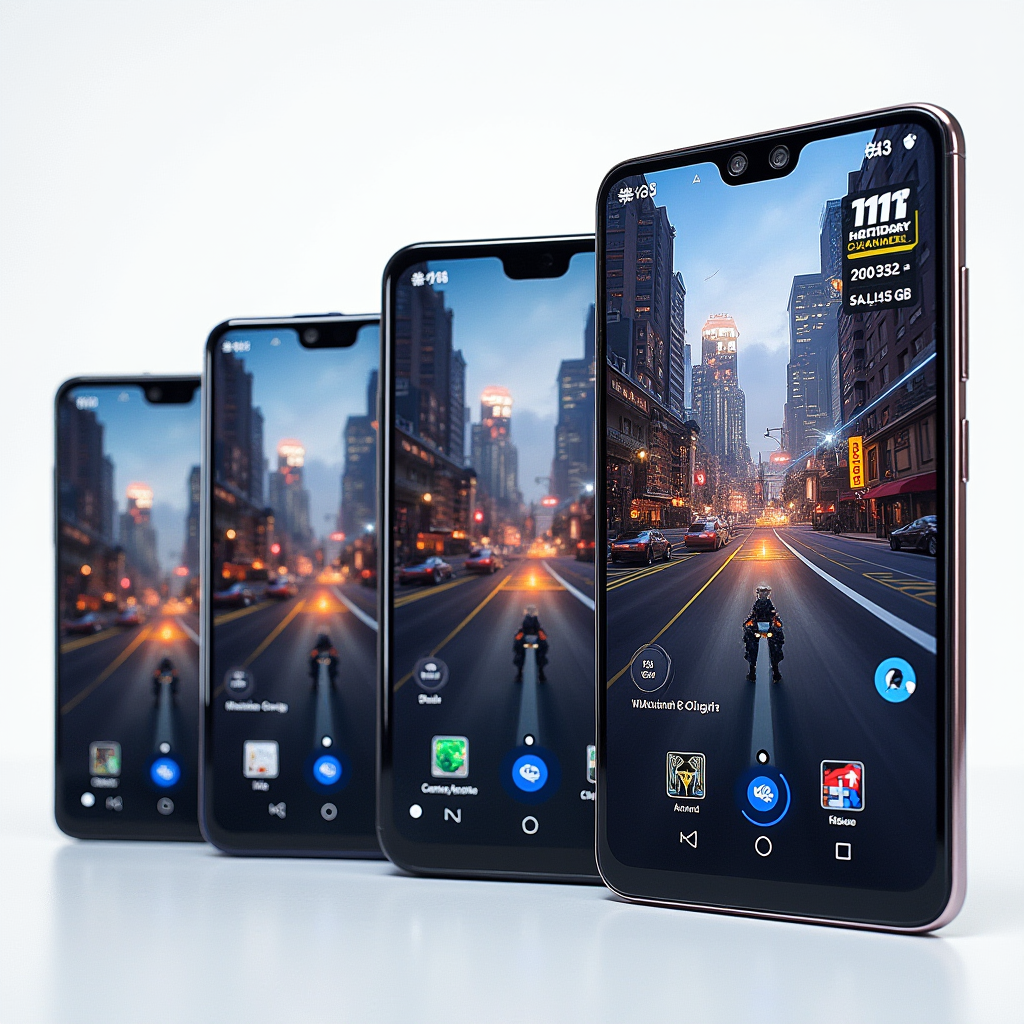 Side-by-side comparison of all five gaming smartphones displaying the same game scene, showing differences in display quality, color reproduction, and gaming interface implementations, with price tags and key specifications overlaid