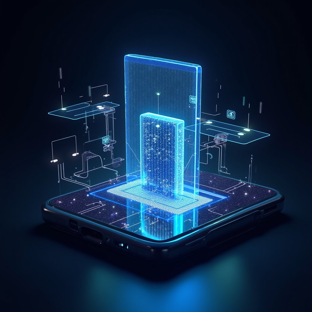 Futuristic concept visualization showing the evolution of mobile gaming technology with holographic displays, advanced cooling systems, AI-powered optimization interfaces, and next-generation gaming smartphones with innovative form factors