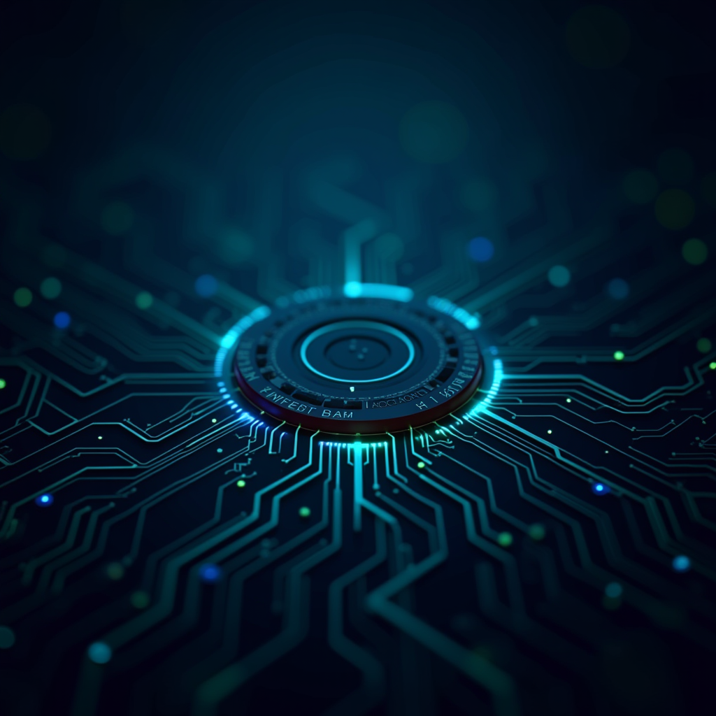Futuristic gaming technology background with circuit board patterns, neon blue and green accents, representing high-performance mobile gaming hardware and advanced smartphone technology