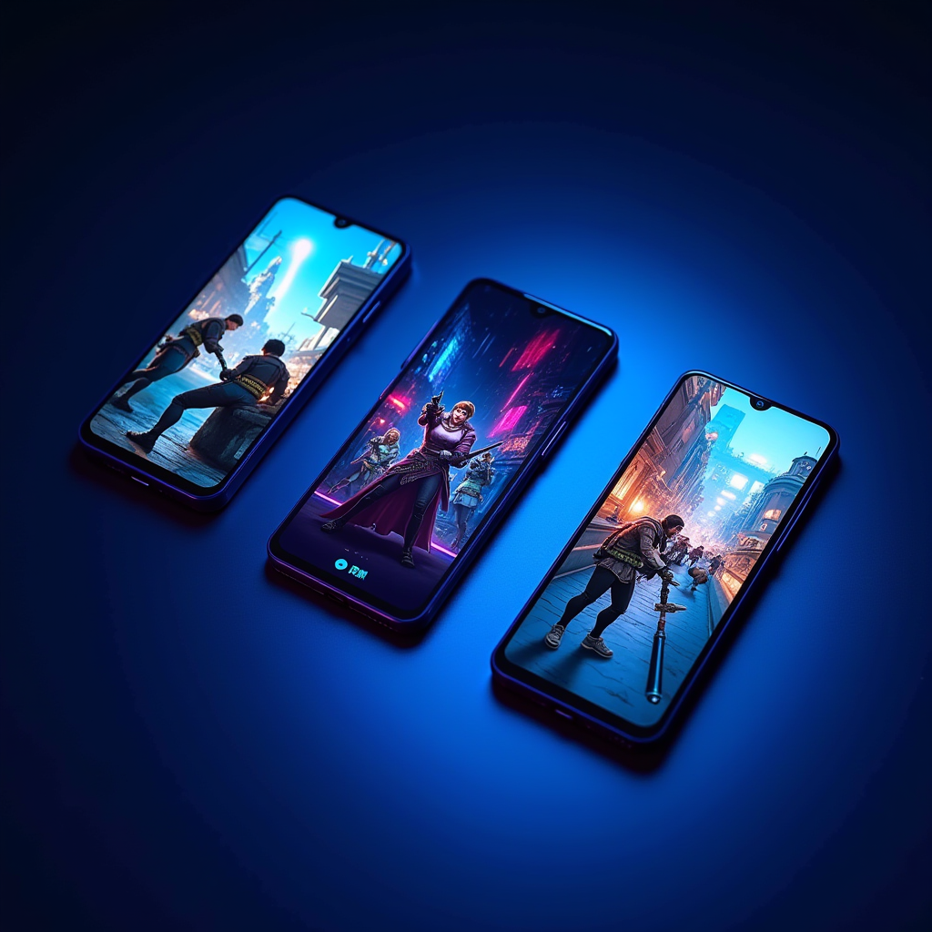 Collection of budget-friendly gaming smartphones arranged on a dark surface with neon blue lighting, showing devices from Poco, Realme, and Samsung with gaming graphics displayed on their screens