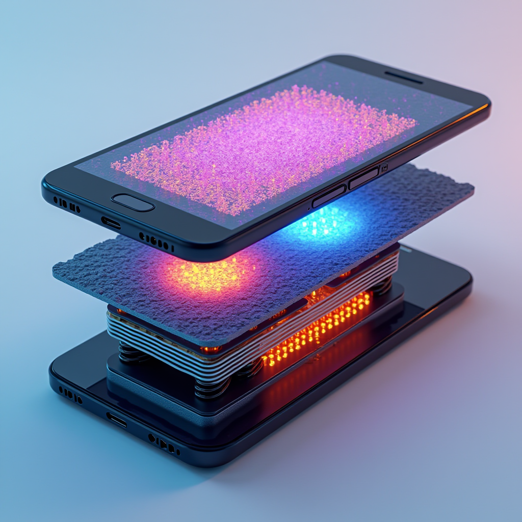Detailed cross-section diagram of a gaming smartphone showing advanced cooling system components including vapor chamber, graphene thermal layers, copper heat pipes, and thermal imaging overlay displaying heat distribution patterns across the device during intensive gaming