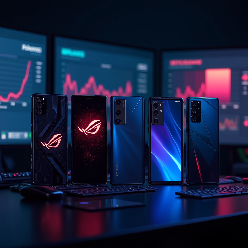Comprehensive lineup of the best gaming smartphones of 2025 including ASUS ROG Phone 8 Pro, RedMagic 9S Pro, Lenovo Legion Y90, Samsung Galaxy S25 Ultra, and iPhone 16 Pro Max arranged on a futuristic testing bench with performance graphs displayed on screens in the background
