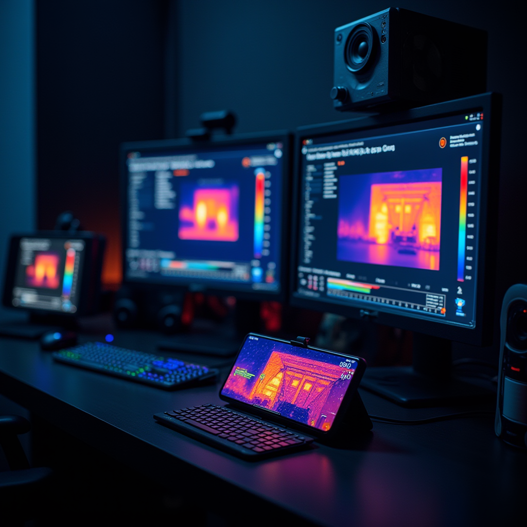 Advanced testing setup showing gaming smartphone connected to thermal imaging cameras, performance monitoring equipment, and multiple displays showing real-time benchmark data