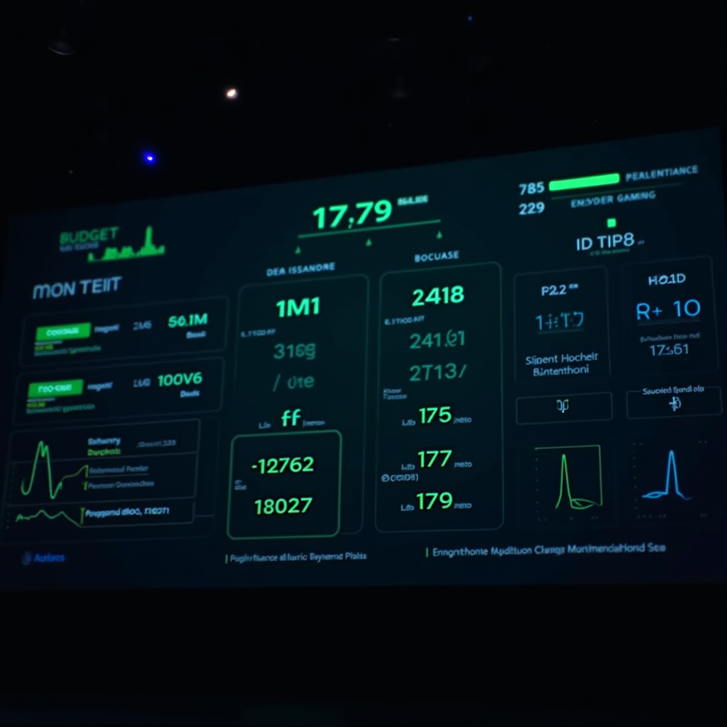 Detailed performance comparison chart showing benchmark scores, FPS rates, and battery life metrics for various budget gaming smartphones, displayed with neon green and blue data visualization elements on a dark background