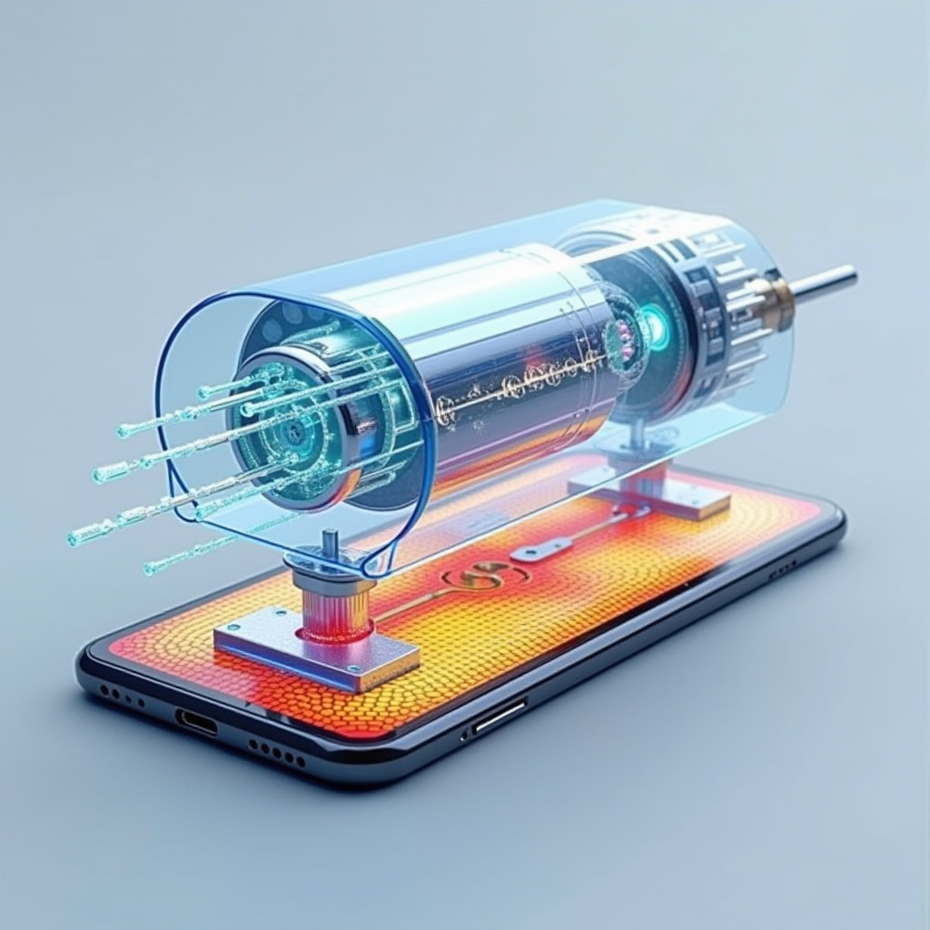 Technical diagram showing the internal structure of a smartphone vapor chamber with detailed view of the evaporation and condensation cycle, capillary wick structure, and color-coded heat distribution patterns demonstrating how thermal energy spreads across the chamber surface