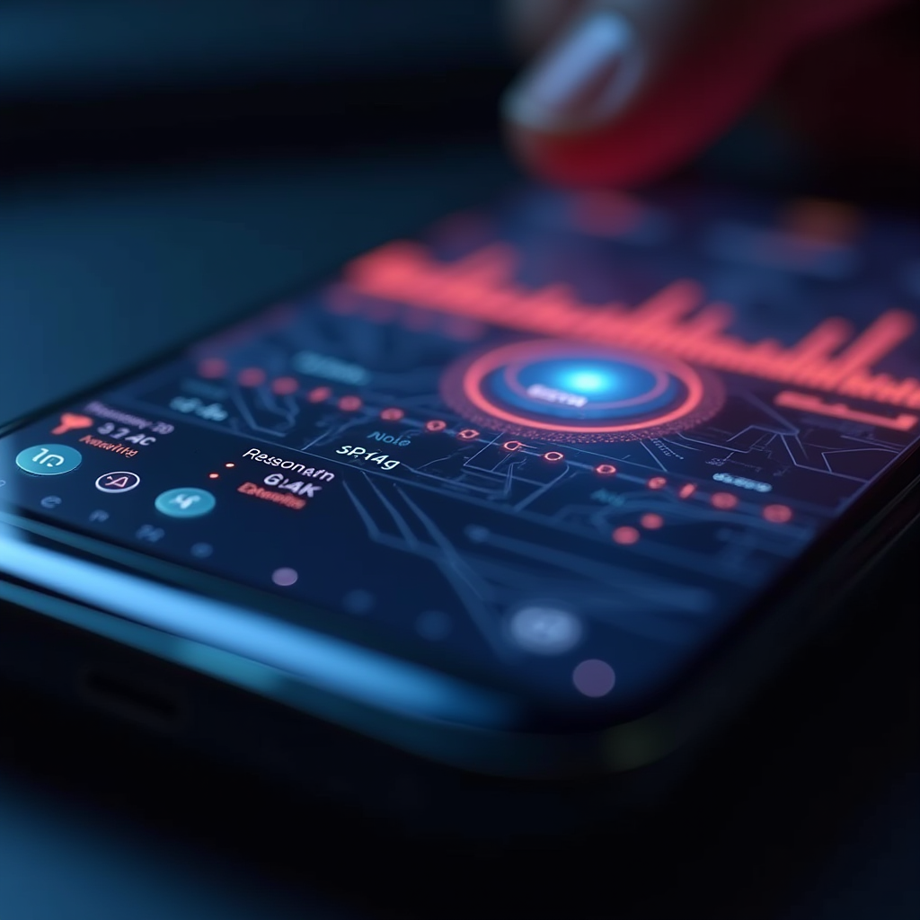 Macro photography of a smartphone display panel during high-speed gaming showing individual pixels and response time measurement overlay with technical specifications