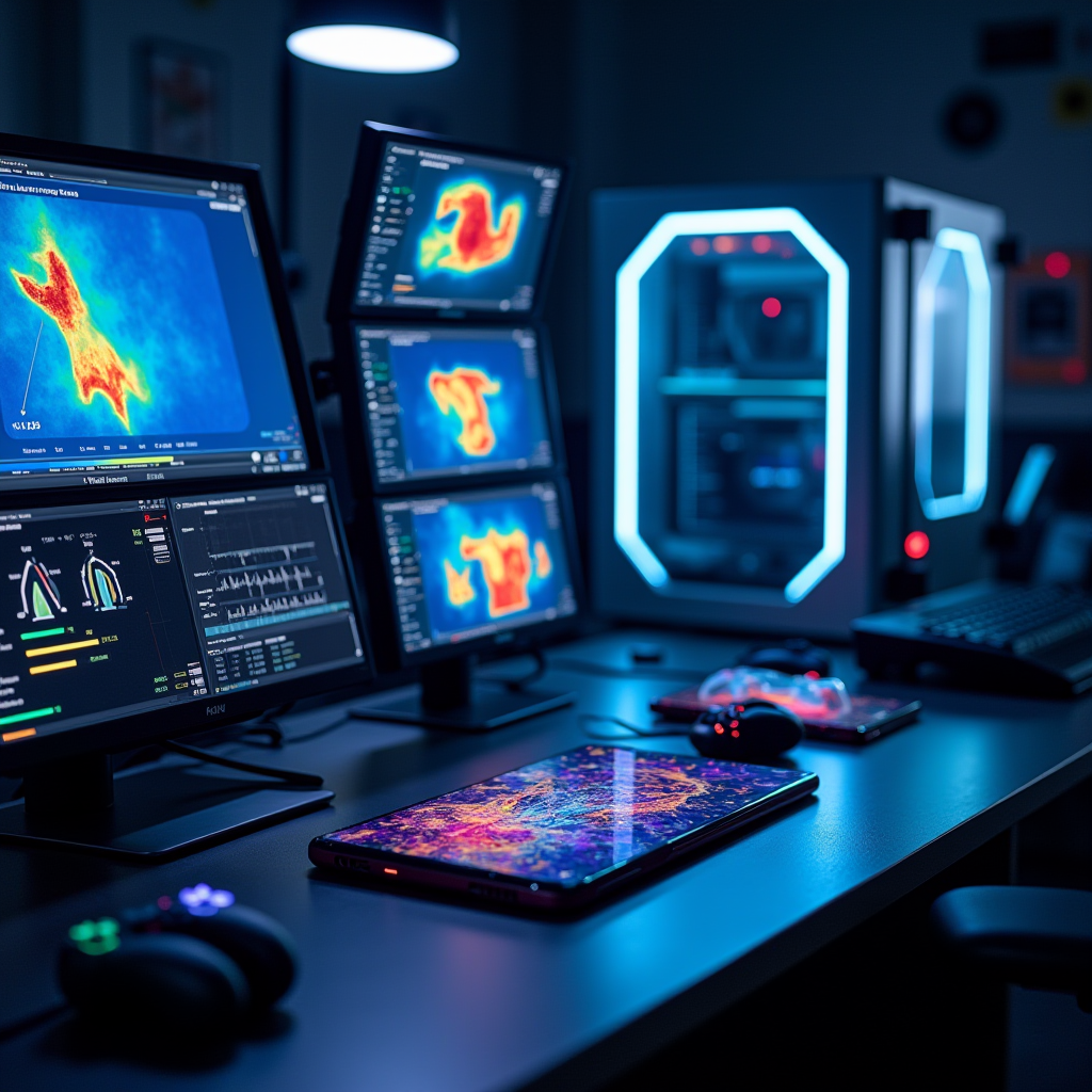 Professional mobile gaming testing laboratory with thermal imaging cameras, performance monitoring equipment, controlled temperature chamber, and multiple gaming smartphones connected to data collection systems showing real-time performance metrics