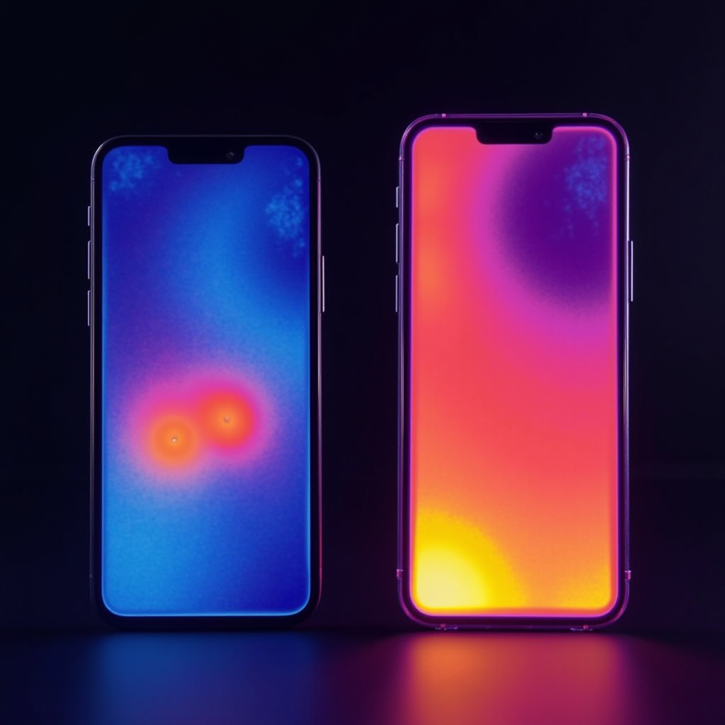Thermal imaging comparison showing heat distribution on smartphones running Genshin Impact, with temperature gradients displayed in false color from blue (cool) to red (hot), side-by-side comparison of Snapdragon and Apple devices with temperature readings overlaid