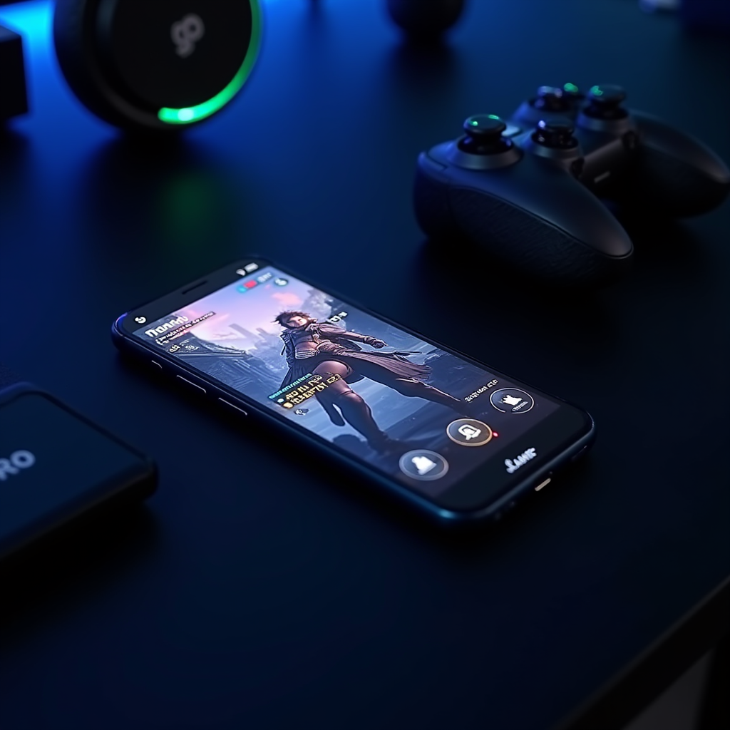 Poco X6 Pro smartphone displaying Genshin Impact gameplay with performance overlay showing FPS counter and temperature readings, surrounded by gaming accessories on a dark desk with blue accent lighting