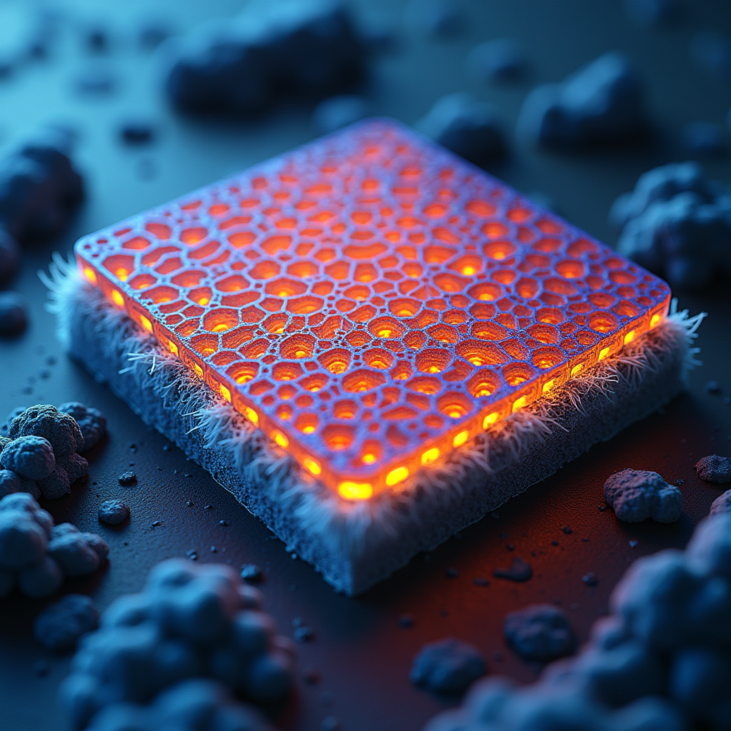 Microscopic view of graphene thermal layer showing the characteristic hexagonal carbon lattice structure with color-coded thermal conductivity visualization demonstrating heat transfer pathways through the material at molecular level