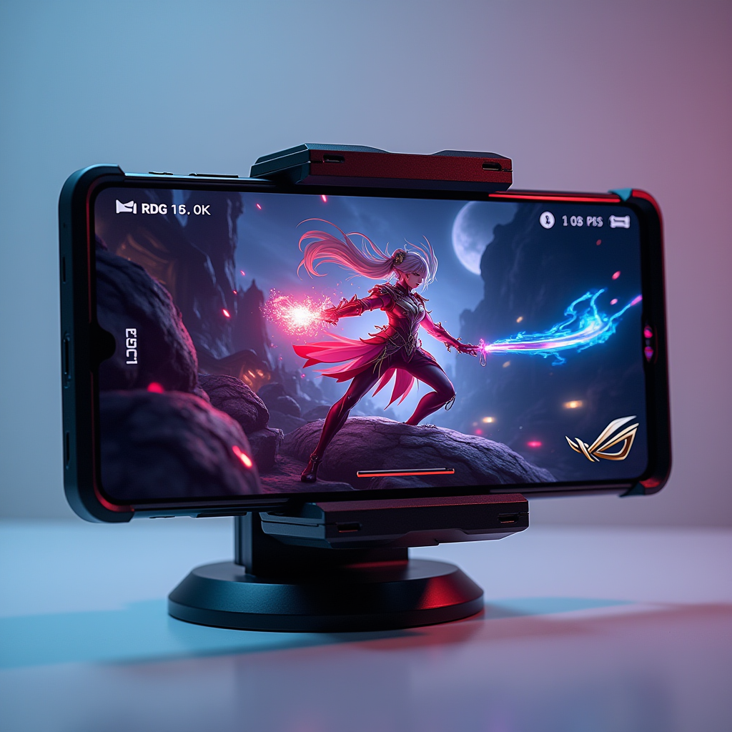 ASUS ROG Phone 8 Pro gaming smartphone with AeroActive Cooler X attachment mounted, displaying Genshin Impact gameplay at maximum settings with performance overlay showing 165fps, RGB lighting effects active, and ultrasonic trigger buttons visible on the side