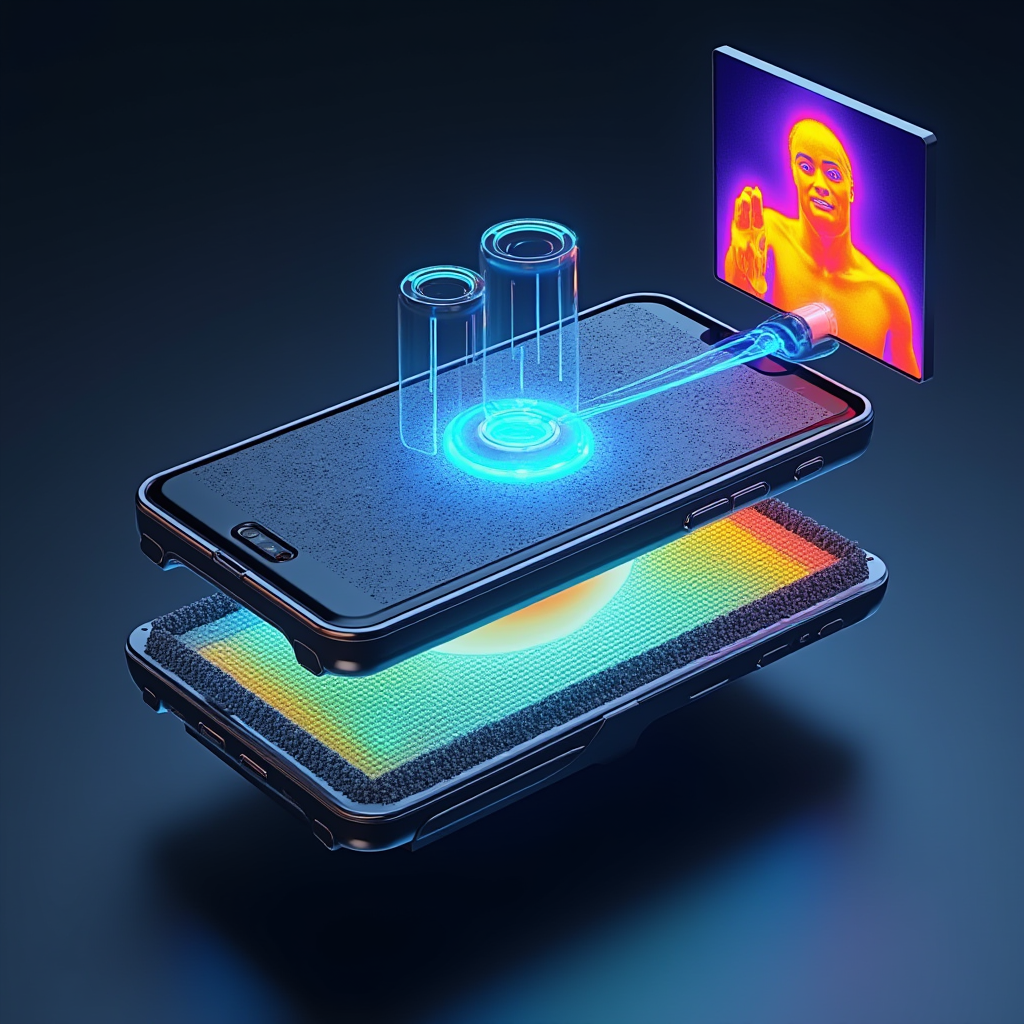 Cutaway technical diagram of gaming smartphone showing vapor chamber cooling system, graphene thermal layers, and active cooling fan attachment with thermal imaging camera overlay displaying temperature distribution during intensive gaming session