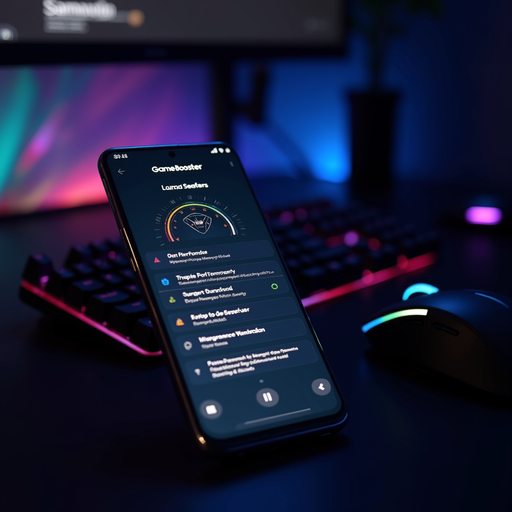 Samsung Galaxy A54 5G smartphone showing Game Booster interface with performance settings and optimization options, placed on a gaming desk with RGB keyboard and mouse in the background