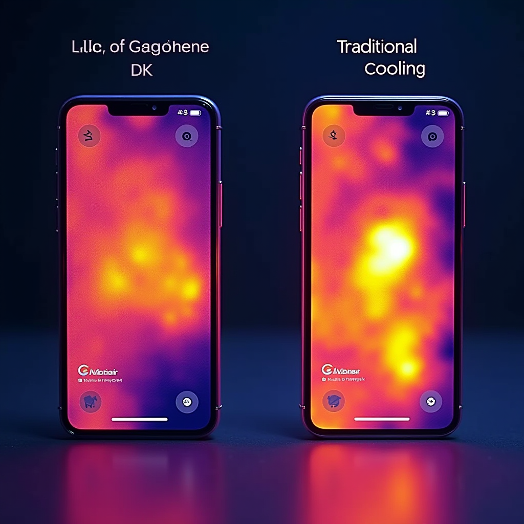 Side-by-side thermal imaging comparison showing two identical smartphones during intensive gaming, one with graphene cooling (left) and one with traditional cooling (right), with color-coded temperature scale and markers indicating hot spot locations and temperature differentials