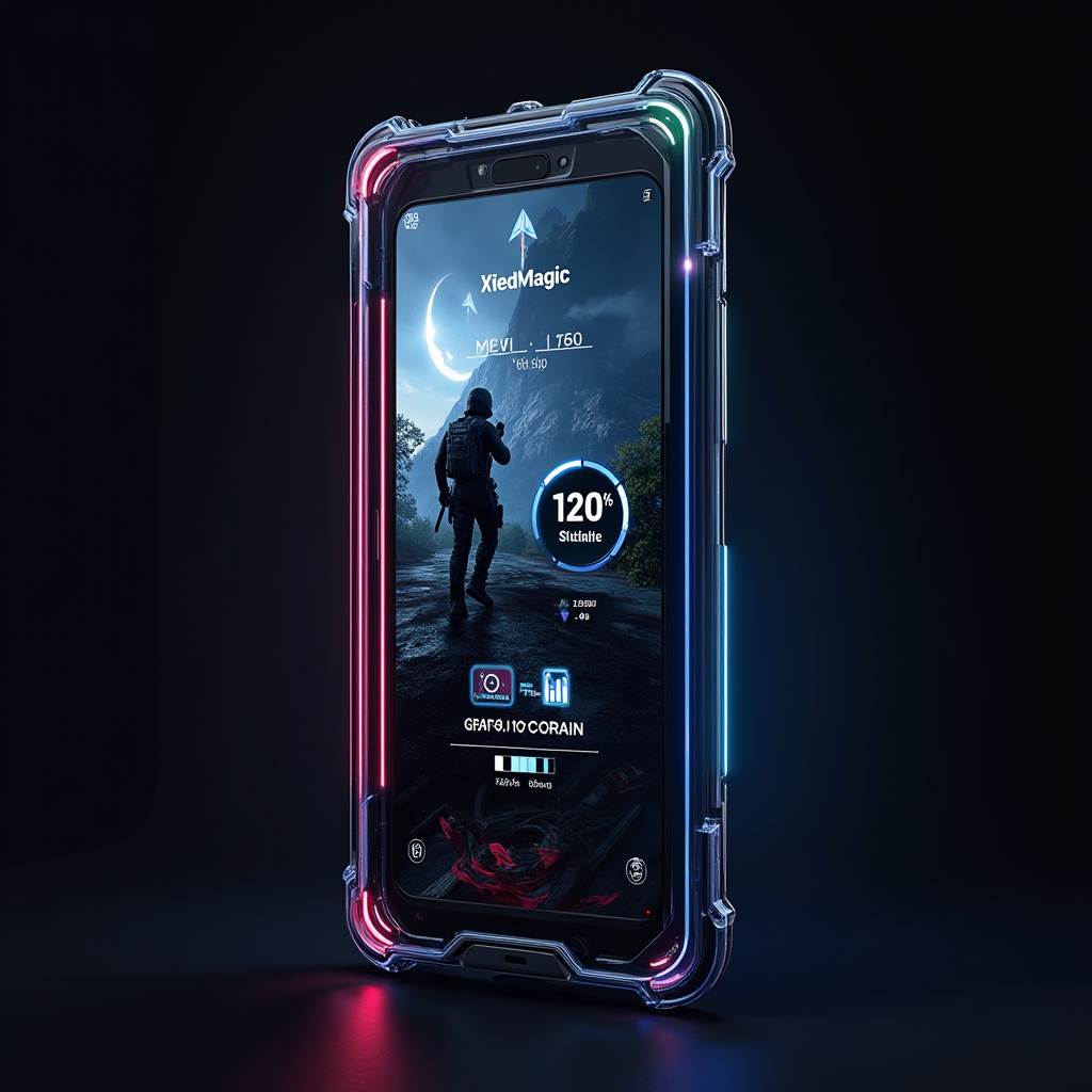 RedMagic 9S Pro gaming phone with transparent back panel showing internal cooling fan, RGB lighting strip illuminated, capacitive shoulder triggers visible, displaying Call of Duty Mobile gameplay with performance metrics overlay showing stable 120fps