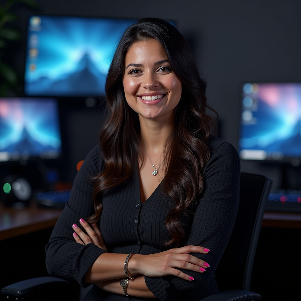 Professional portrait of Sarah Rodriguez, Lead Gaming Analyst, in modern tech workspace with gaming equipment visible in background