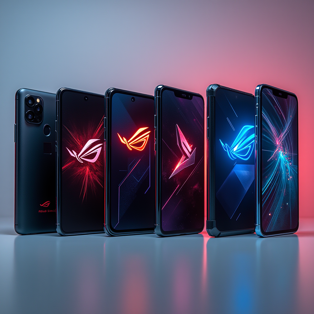 Premium gaming smartphones lineup including ASUS ROG Phone, RedMagic, Lenovo Legion, Samsung Galaxy, and iPhone arranged with gaming accessories, performance charts, and award badges showing comprehensive rankings