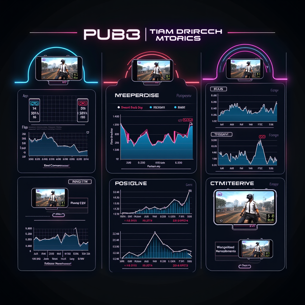 Multi-panel infographic showing PUBG Mobile performance metrics including frame rate graphs, temperature curves, battery consumption charts, and gameplay screenshots from both devices, displayed on futuristic dashboard with neon accents and data visualization elements