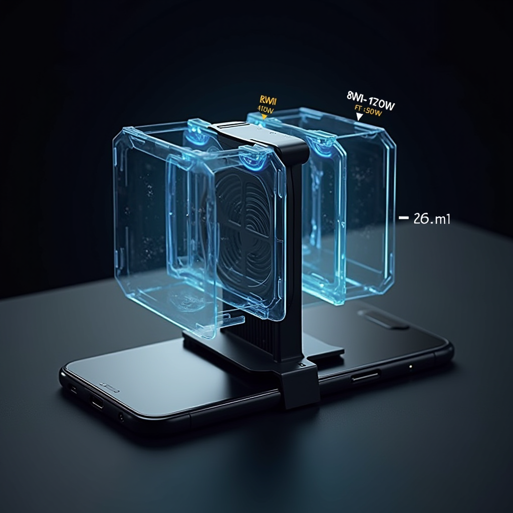 Professional product photo of a clip-on active cooling fan accessory mounted on a gaming smartphone with transparent overlay showing airflow patterns, cooling zones, and temperature reduction areas with measurement annotations
