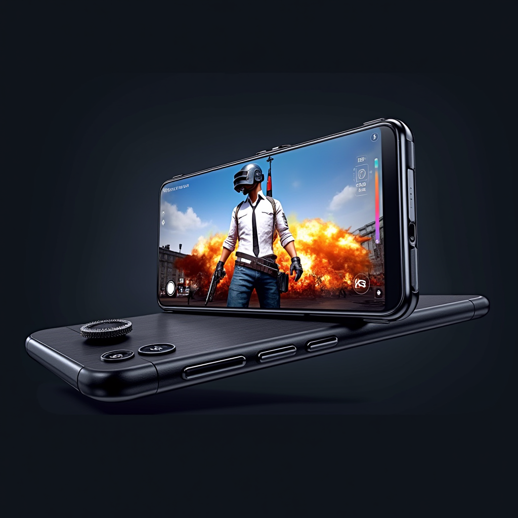 Lenovo Legion Y90 gaming phone in landscape orientation with center pop-up camera extended, dual cooling fans visible through transparent panel, ultrasonic shoulder buttons highlighted, displaying PUBG Mobile gameplay with thermal overlay showing even heat distribution