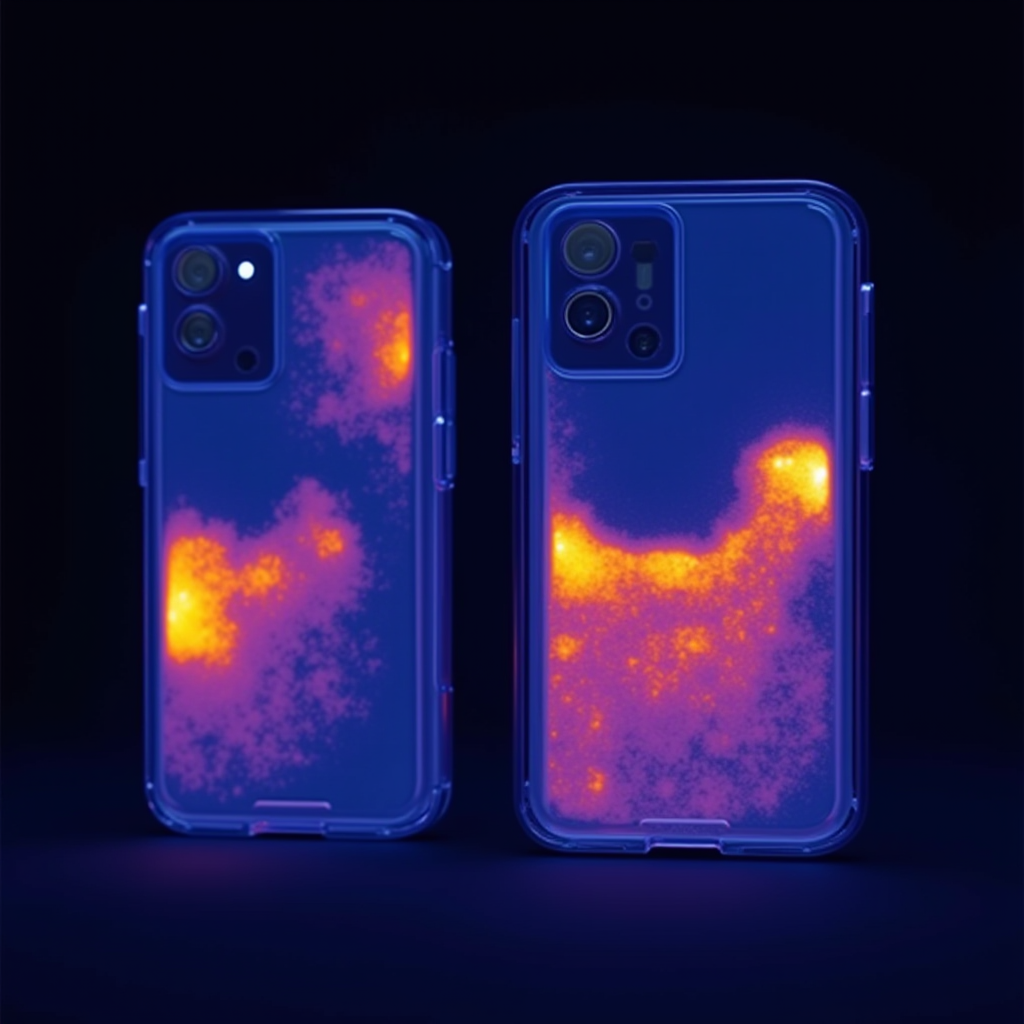Thermal imaging camera view showing heat distribution on gaming smartphones during intensive gaming sessions, with temperature readings and heat maps displayed in blue and red gradients on a dark background