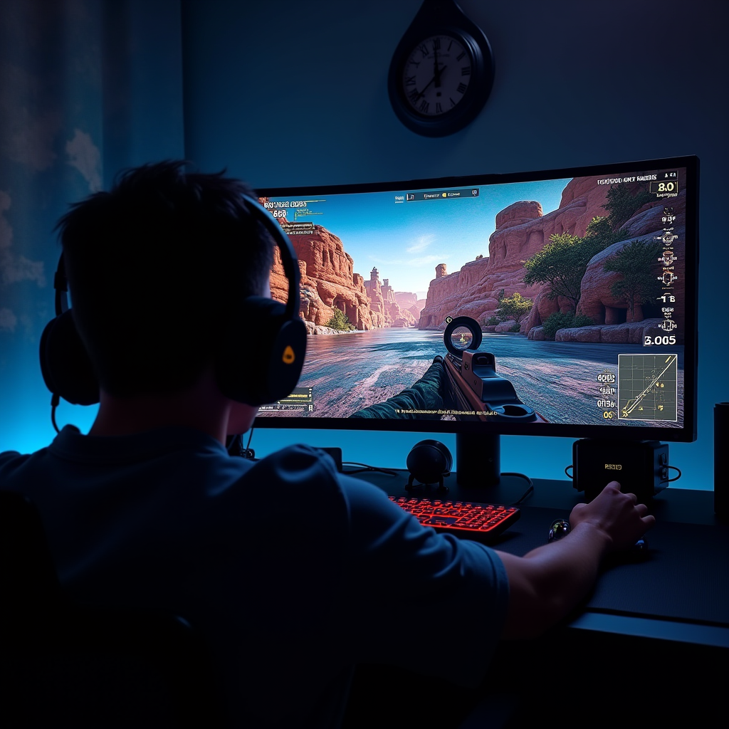 Professional gaming setup showing first-person shooter gameplay on high refresh rate display with aim tracking overlay, accuracy statistics, and performance metrics displayed on secondary monitor