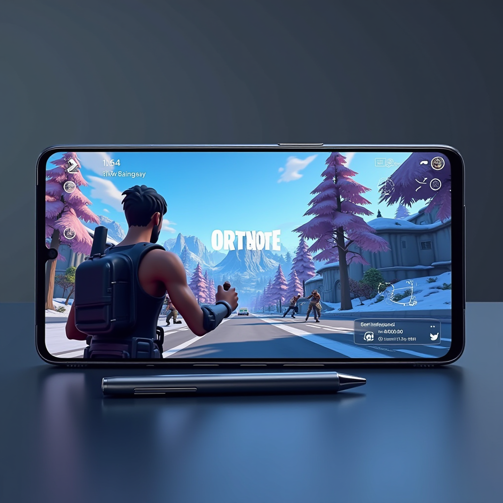 Samsung Galaxy S25 Ultra displaying Fortnite gameplay on its 6.8-inch Dynamic AMOLED display with Game Booster interface overlay, S Pen stylus placed beside the phone, showing premium titanium frame and camera array, performance graphs visible on screen