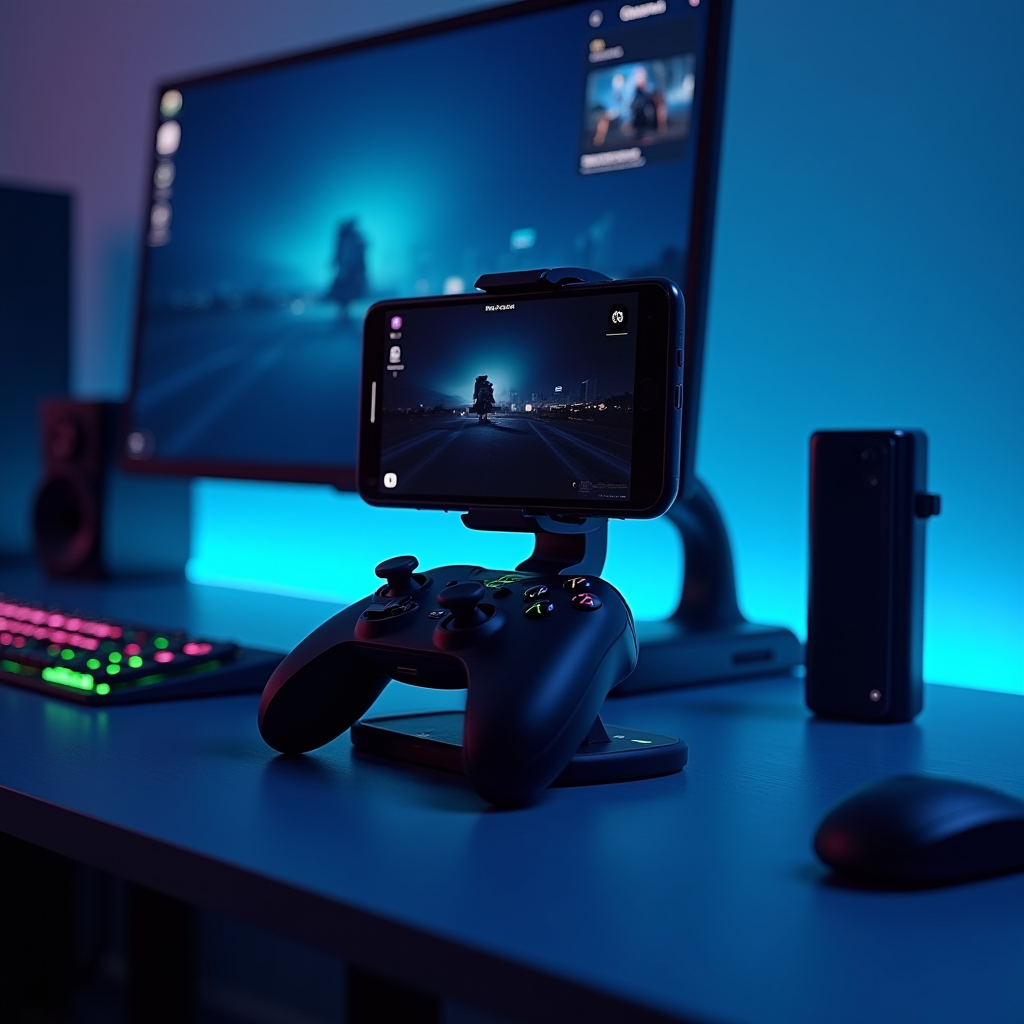 Complete mobile gaming setup featuring budget gaming smartphone mounted on a controller grip, with wireless earbuds, portable charger, and phone cooler arranged on a gaming desk with cyan LED lighting