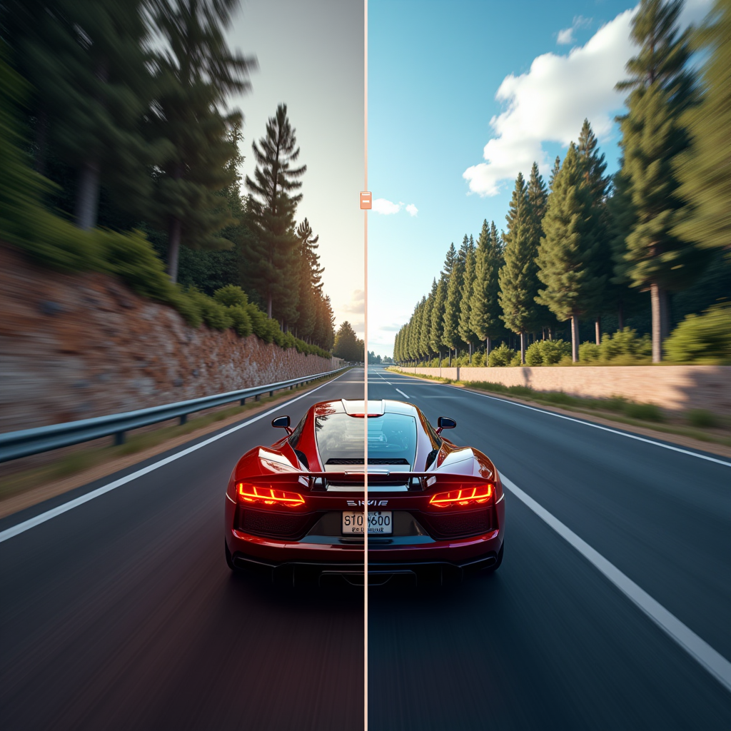 Dynamic racing game scene captured at high speed showing motion clarity comparison between different refresh rates with velocity indicators and frame pacing analysis overlay