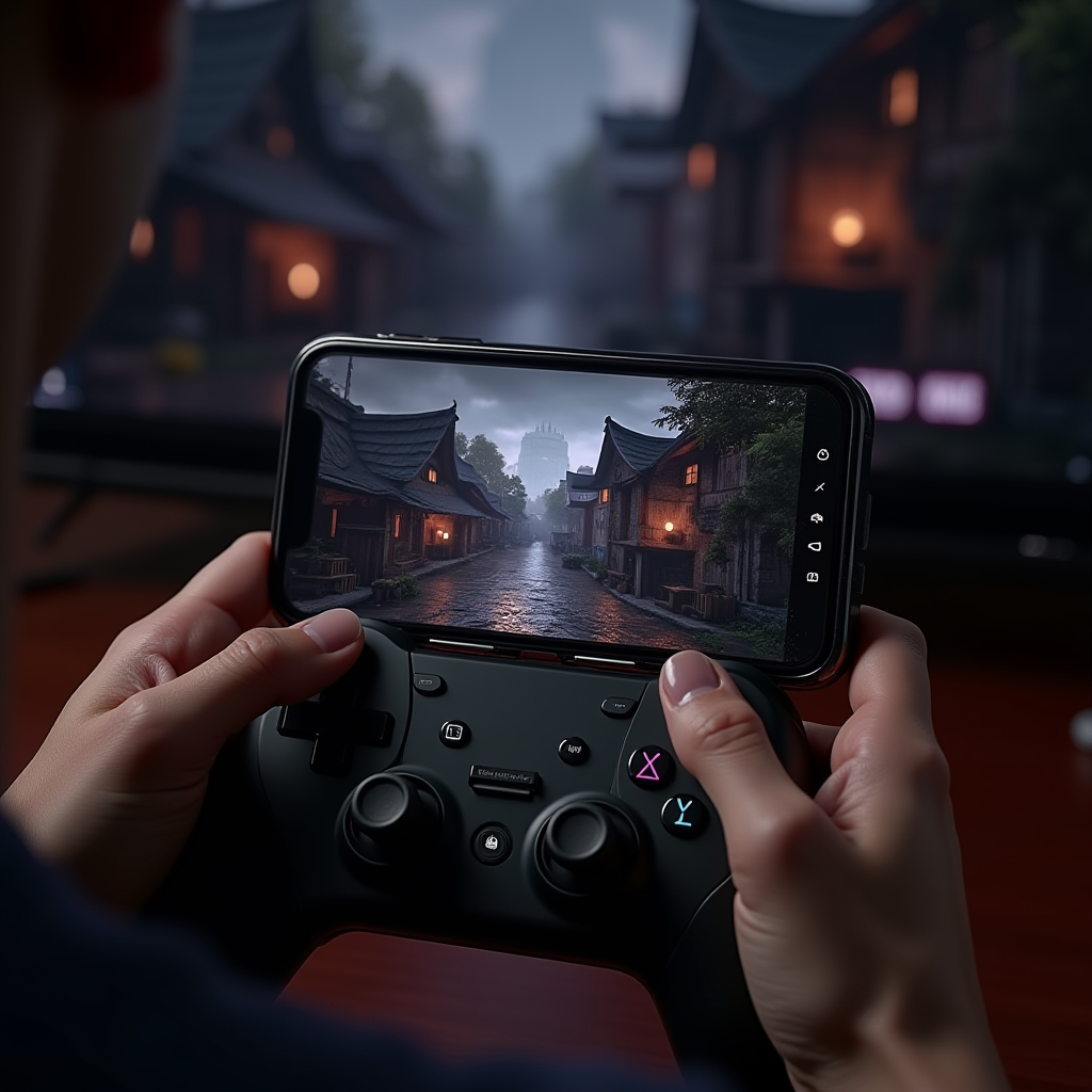 iPhone 16 Pro Max displaying Resident Evil Village gameplay with ray tracing enabled, ProMotion 120Hz display showing smooth animation, titanium frame visible, connected to Backbone One controller, Apple Arcade interface visible in background