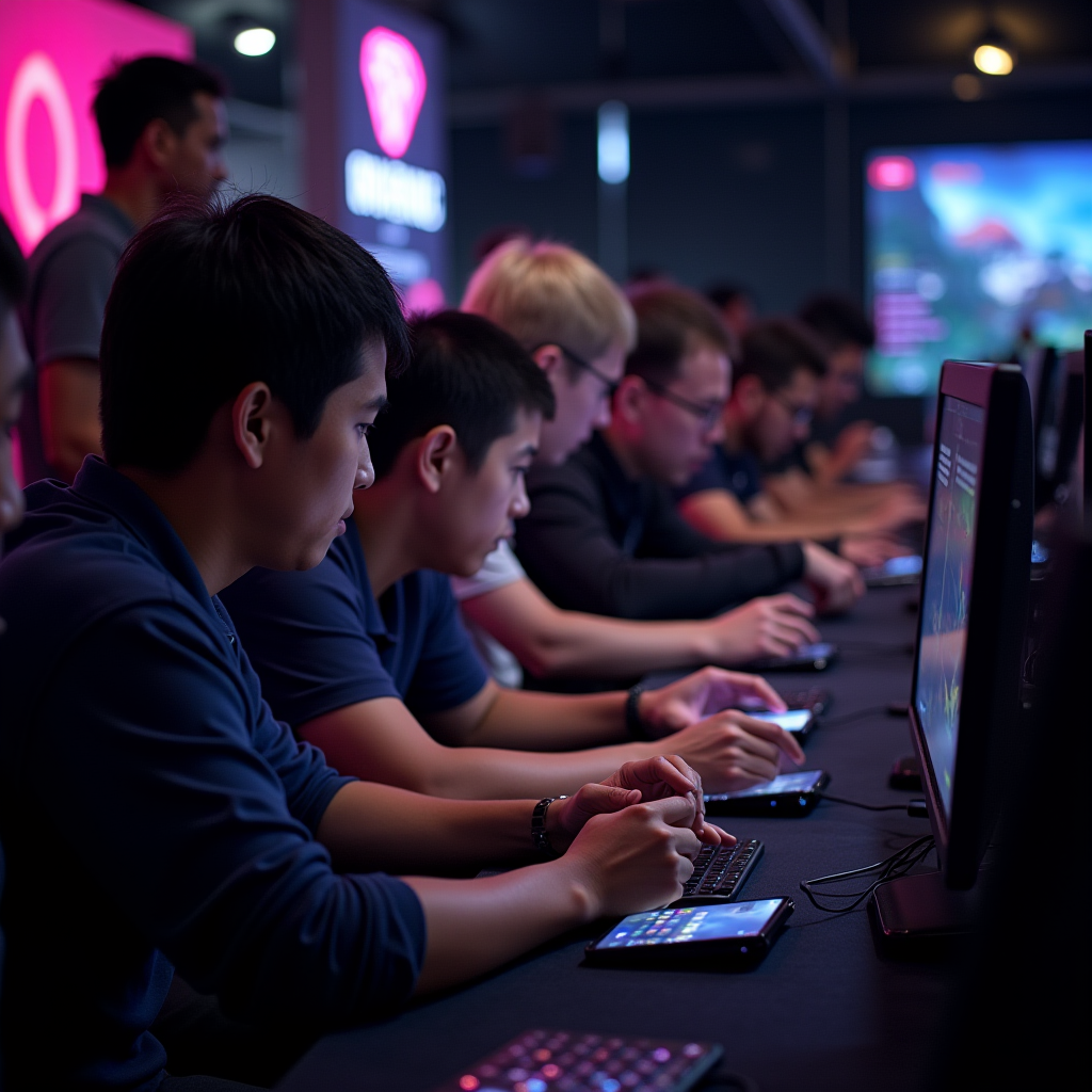 Mobile gaming community event showing diverse group of gamers testing and comparing latest gaming smartphones, with MobileGameBench branding visible in professional event space